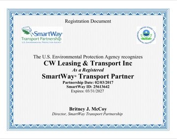 EPA SmartWay Transport Partner registration document for CW Leasing & Transport Inc